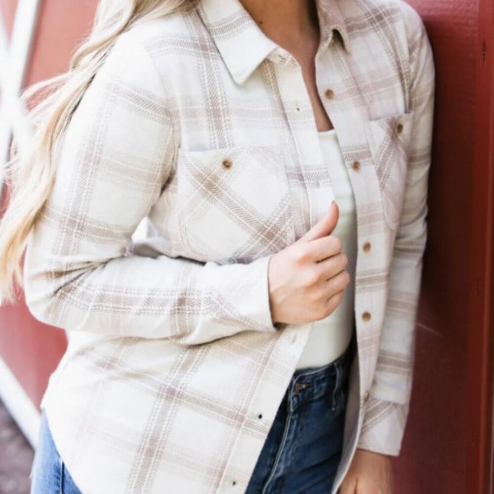 Thread & Supply Lewis Soft Luxe Button Up‎ Shirt for Women in Mauve Tan Combo